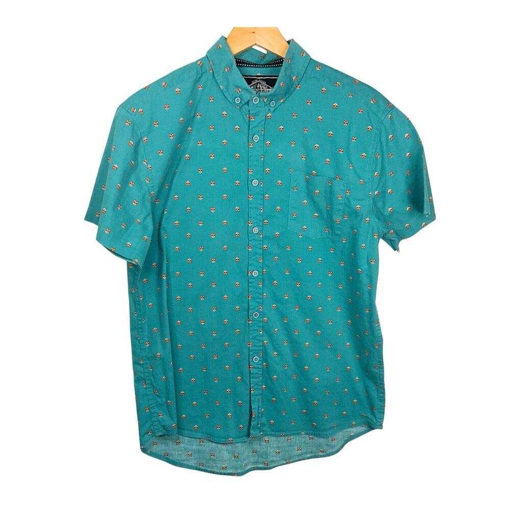 Five Point Mens Blue Teal Medium Shirt Slim Fit Fox Print Hipster Short Sleeve